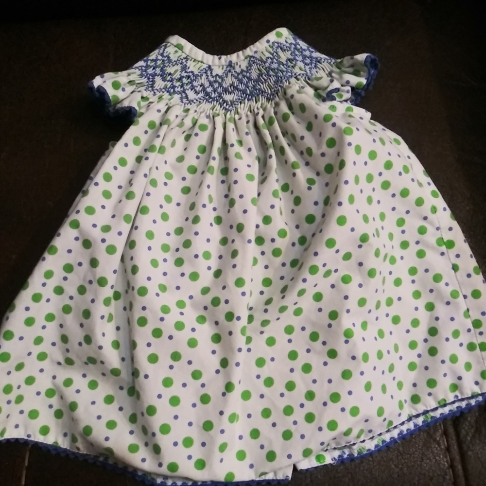 Southern Sunshine Kids Girls Dress Smocked Ploka Dot blue green 3 months.